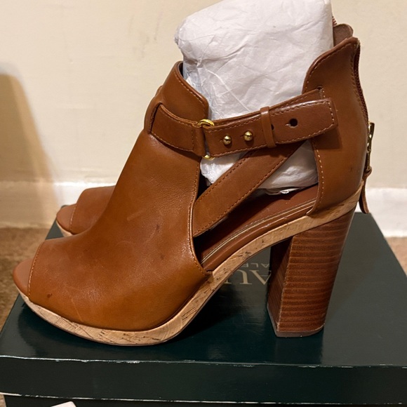 Lauren Ralph Lauren Cognac Peep-Toe Ankle Booties with Buckle Strap - Picture 2 of 6